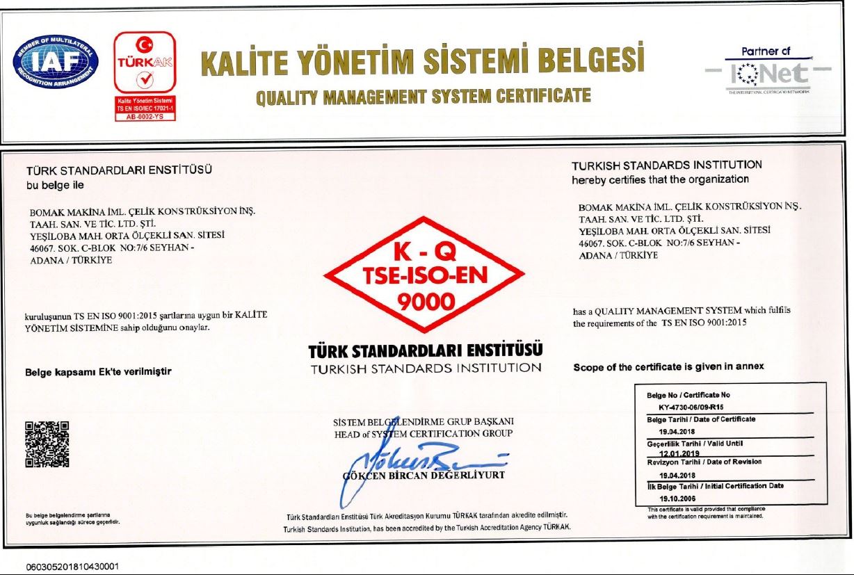 ISO 90001 Quality Management System Certificate